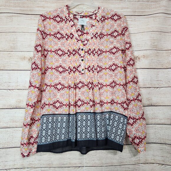 HD In Paris Anthropologie Top Tunic Size 4 Kavari Pink Chevron Blouse Rolled Tab - Picture 1 of 14